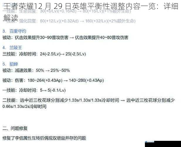 王者荣耀 12 月 29 日英雄平衡性调整内容一览:详细解读