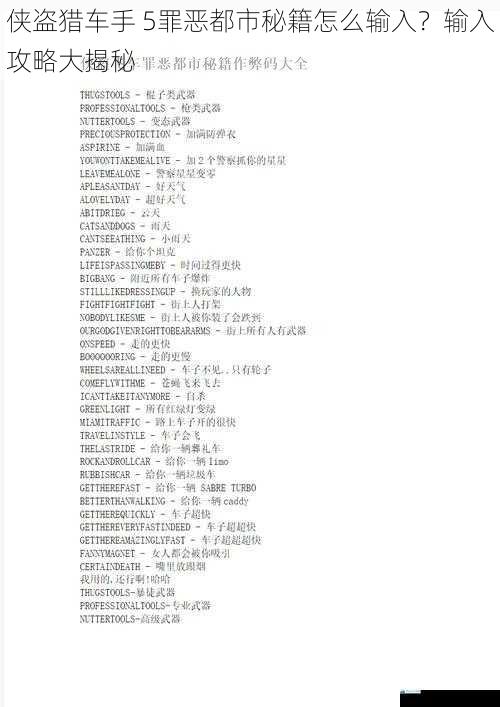 侠盗猎车手 5罪恶都市秘籍怎么输入?输入攻略大揭秘
