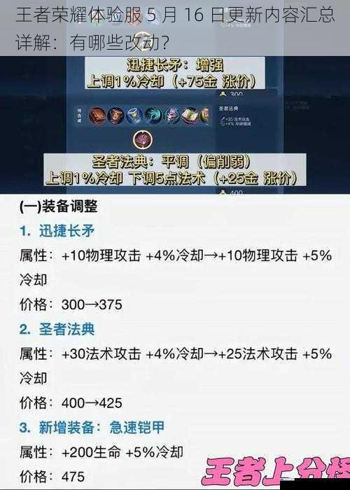 王者荣耀体验服 5 月 16 日更新内容汇总详解:有哪些改动?