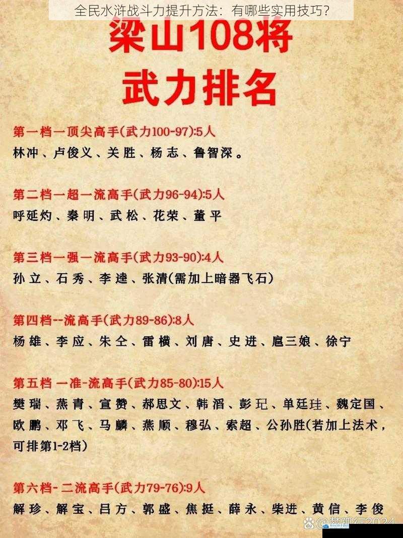 全民水浒战斗力提升方法:有哪些实用技巧?