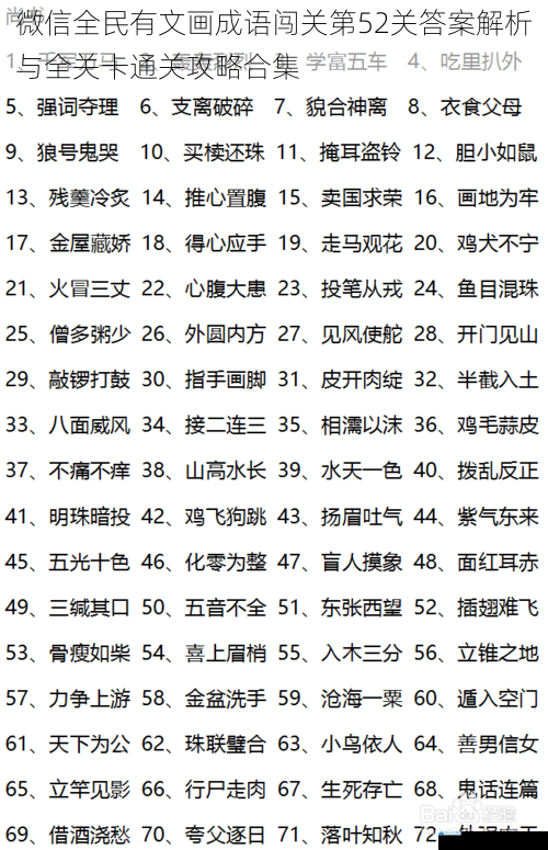 微信全民有文画成语闯关第52关答案解析与全关卡通关攻略合集